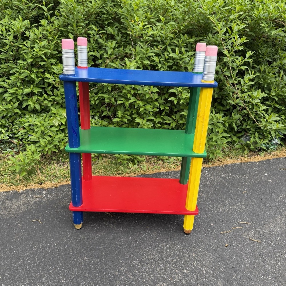 Vintage Primary Colorful Pencil Free Standing 3 Shelf Classroom Book Kids Play